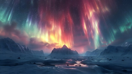 Fototapeta premium Snowy Mountain Landscape with Vivid Aurora Borealis Illustration