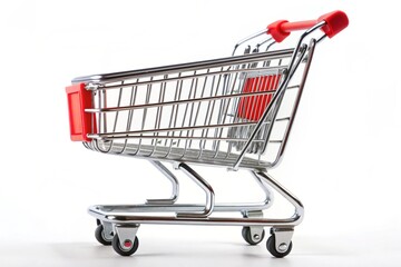 A shopping cart with red handles and a silver frame