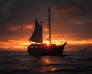 Fototapeta premium Under a dramatic sunset, a sailing ship crosses the open ocean, with the water's surface mirroring the dark clouds and fiery skies above.