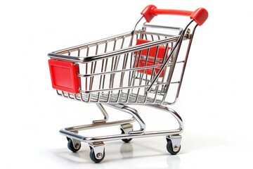 A shopping cart with red handles and a silver frame