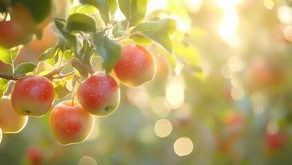 Sunlit Apples Hanging from a Branch in a Lush Orchard