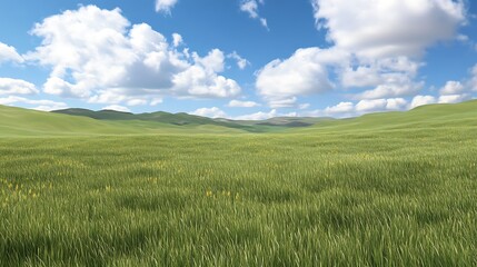 Fototapeta premium Rolling Green Hills and Lush Grass Field Under a Blue Sky with Clouds.