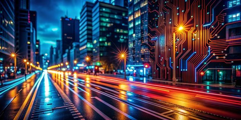 Obraz premium Cityscape with Circuit Board Building, Nighttime, Long Exposure, Urban, City Lights, Technology, Futuristic