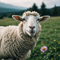 Naklejka premium Cute and woolly sheep in the meadow