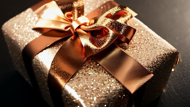 Beautifully wrapped golden gift box with ribbon on dark background