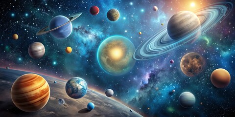 Cosmic poster template with planets, moons, orbits, and stars
