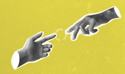 Arms point fingers hold pieces, hand and ai Roboter hand. Art collage digital pop modern art.