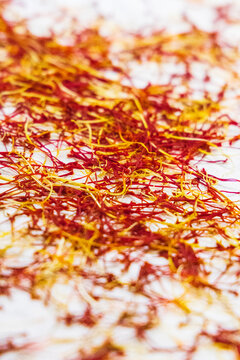 Chanda Haro, Pampore, Jammu and Kashmir, India. Pistils from saffron crocus flowers.