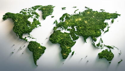 World map adorned with vibrant green leaves on a sparkling white background, symbolizing the concept of green technology and sustainable innovation with a focus on environmental consciousness