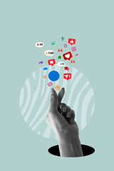 Social media creative concept. Hand hold, poster with like symbols from social networks. Art collage digital pop modern art.