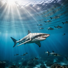 Obraz premium Scary shark in the deep ocean looking for prey