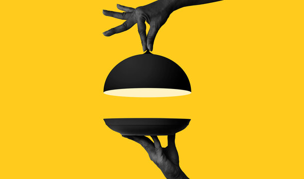 Hand with tray on yellow background. Art collage digital pop modern art.