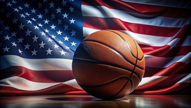 Close-up of an American flag and basketball in motion against a dark blue and red background, with space for text
