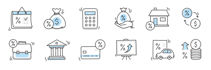 Loan interest rate doodle icon set. Hand drawn sketch doodle line style bank money loan interest rate icon for house, car discount percentage concept. Trendy cute element. Vector illustration