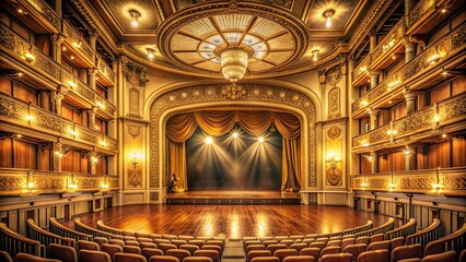 Obraz premium Wide shot of an empty elegant classic theatre with spotlight from stage, well lit opera house with golden decoration, ready for a play or ballet show