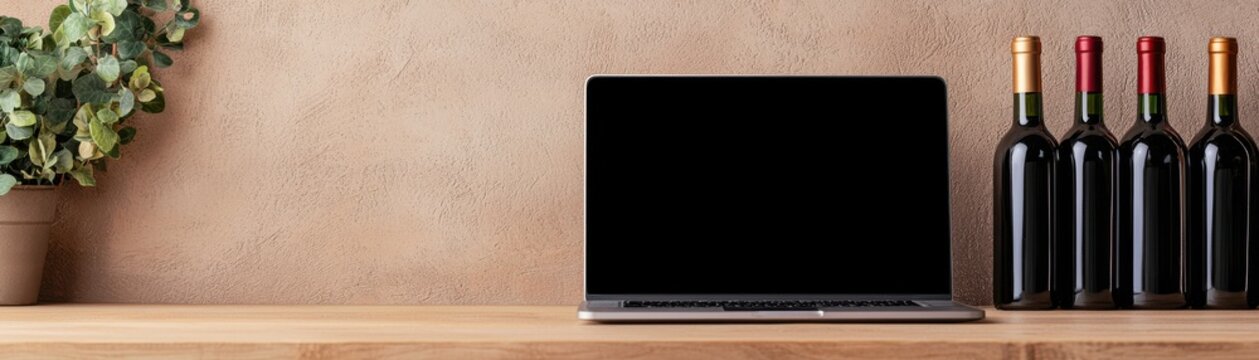 A sleek laptop placed on a wooden shelf beside a collection of wine bottles, creating a modern and elegant workspace.