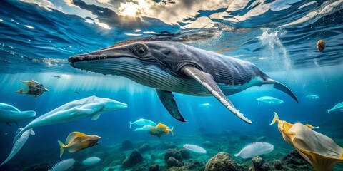 Obraz premium Humpback Whale Underwater with Sun Rays, Digital Art, Ocean Life, Whale, Fish, , ocean
