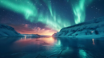 Obraz premium Northern Lights Reflection in Frozen Lake - Landscape Photography