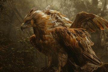 Fototapeta premium Brown mythical griffin bird in forest