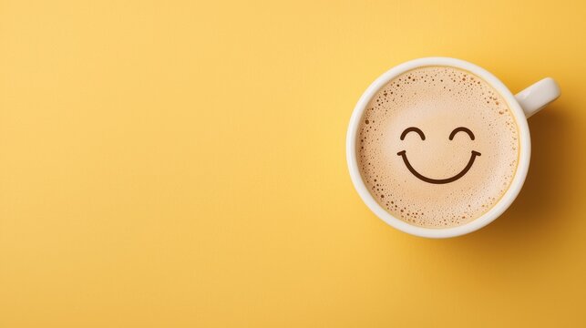 Top view of a coffee cup with a smiling face design on frothy milk, placed against a bright yellow background symbolizing positivity and happiness. - Powered by Adobe