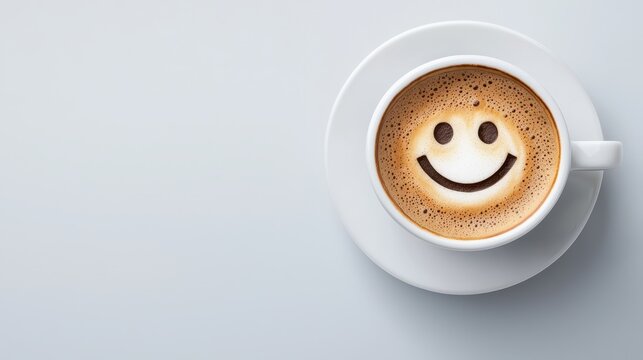 Top view of a white coffee cup with a smiling face in the foam, symbolizing positivity and a cheerful start to the day.