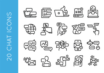 Chat icons. Set of 20 trendy minimal icons representing various aspects of communication, including messaging, video calls, chatbots, and notifications. Vector illustration.