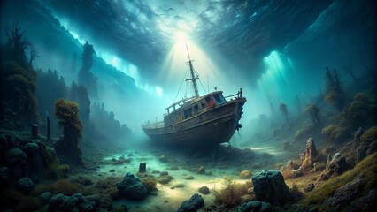 Eerie underwater landscape with sunken ship and ghostly terrain, creating a haunting and mysterious atmosphere