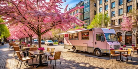Obraz premium Pink Food Truck Under Cherry Blossoms, Food Truck , Cherry Blossoms , Spring , Cafe