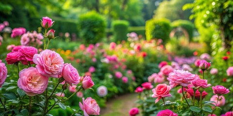 Pink Roses in Bloom, Garden Beauty, Soft Focus, Floral Delight, Lush Greenery, Rose Garden, Flower Photography