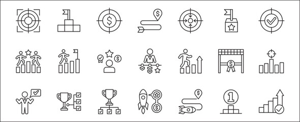Target icon set. Goals and achievement icons set. Business and management icon. Vector stock illustration in thin line style. Contains symbols of rocket, businessman, podium, trophy and reward.