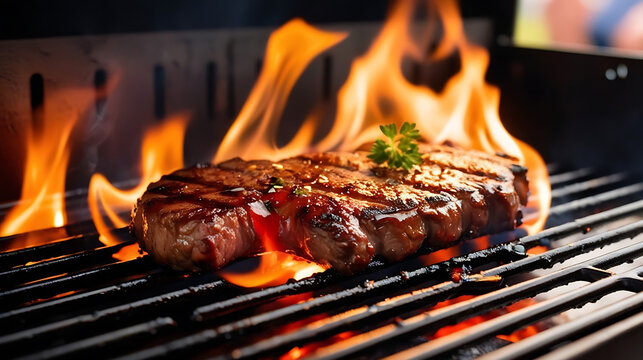 Beef steaks on the grill and flames on background. Realistic digital art.
