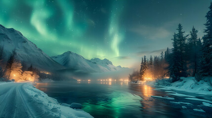 Naklejka premium Winter Landscape with Aurora Borealis and Snow-Covered Mountains - Realistic Photo