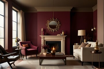 Modern Oak theme winter Living room interior design in beige and white color with paper grass and minimal green plants decor , minimal fairy light decorations to make it more sophisticated and attract