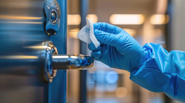 Close-up of Gloved Hand Disinfecting Door Handle with Sanitizing Wipe in Modern Office Environment