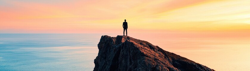 A solitary figure standing on a rock at sunset, surrounded by ocean waves and a vibrant sky. A moment of reflection and tranquility.