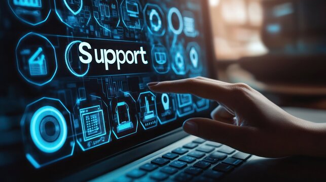 Call center business technology, Service support customer help call center Business technology button on virtual screen. Technical support customer service call center 24-7 internet business concept.