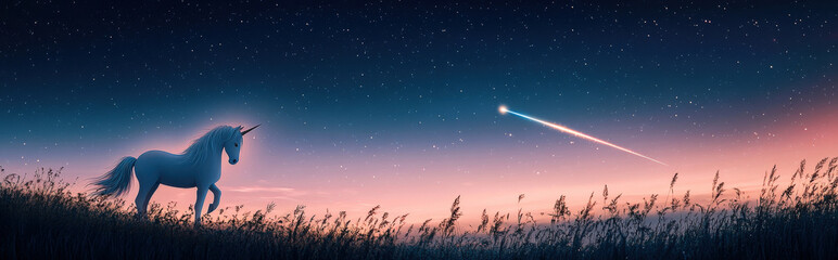 Fototapeta premium unicorn with a small comet streaking through the background, on a dark or pastel sky