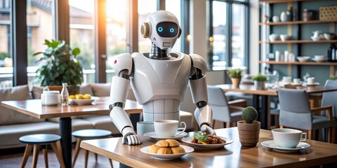 Robot Server Serving Coffee and Pastries at Restaurant, robot, service, automation, cafe