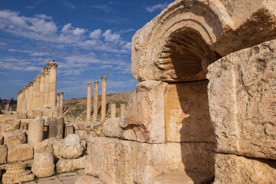 Jordan, Amman. Roman ruins with temple, forum and amphitheater.