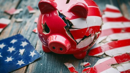 アメリカの国旗の上で割れた貯金箱が金融危機を象徴している