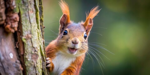 Obraz premium Squirrel's Surprise, tree, wildlife, red squirrel, portrait