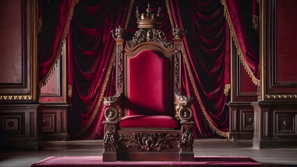 A majestic throne room resembling a cathedral, Antique armchair in the interior, Golden throne room with eagle and red carpet, A Glimpse into Regal Splendor.