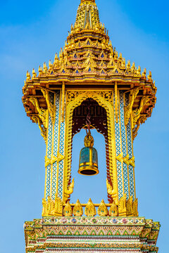Porcelain Golden Bell Tower Ho Rakhang, Grand Palace, Bangkok, Thailand. built in 1800's Palace was home of King of Thailand from 1782 to 1925
