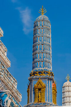 Blue Porcelain Tower Prang, Grand Palace, Bangkok, Thailand. One of eight towers for different Buddhist sects, palace was home of King of Thailand from 1782 to 1925