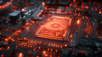 Obraz premium A close-up view of a futuristic circuit board with glowing elements.