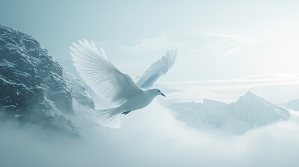 Fototapeta premium Seagull flying through misty mountain landscape