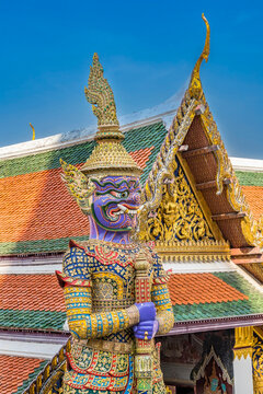 Purple guardians statue, Grand Palace, Bangkok, Thailand. Palace was home of King of Thailand from 1782 to 1925
