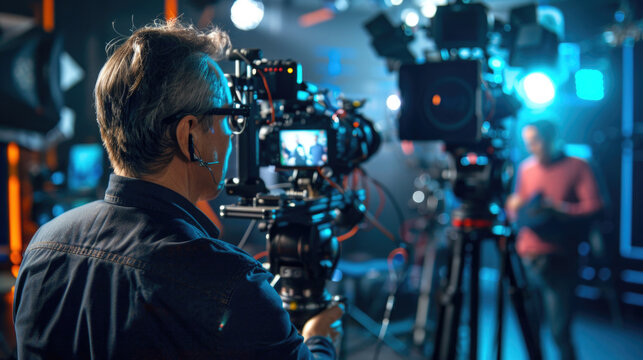 Professional Videographer Filming in a Modern Studio with Advanced Camera Equipment and Lighting
