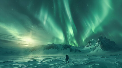 A Lonely Figure Standing in a Snowy Landscape Under the Aurora Borealis, Photo