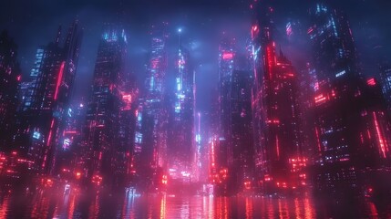 Fototapeta premium Futuristic Anime Inspired Cityscape with Towering Skyscrapers and Neon Lights at Night